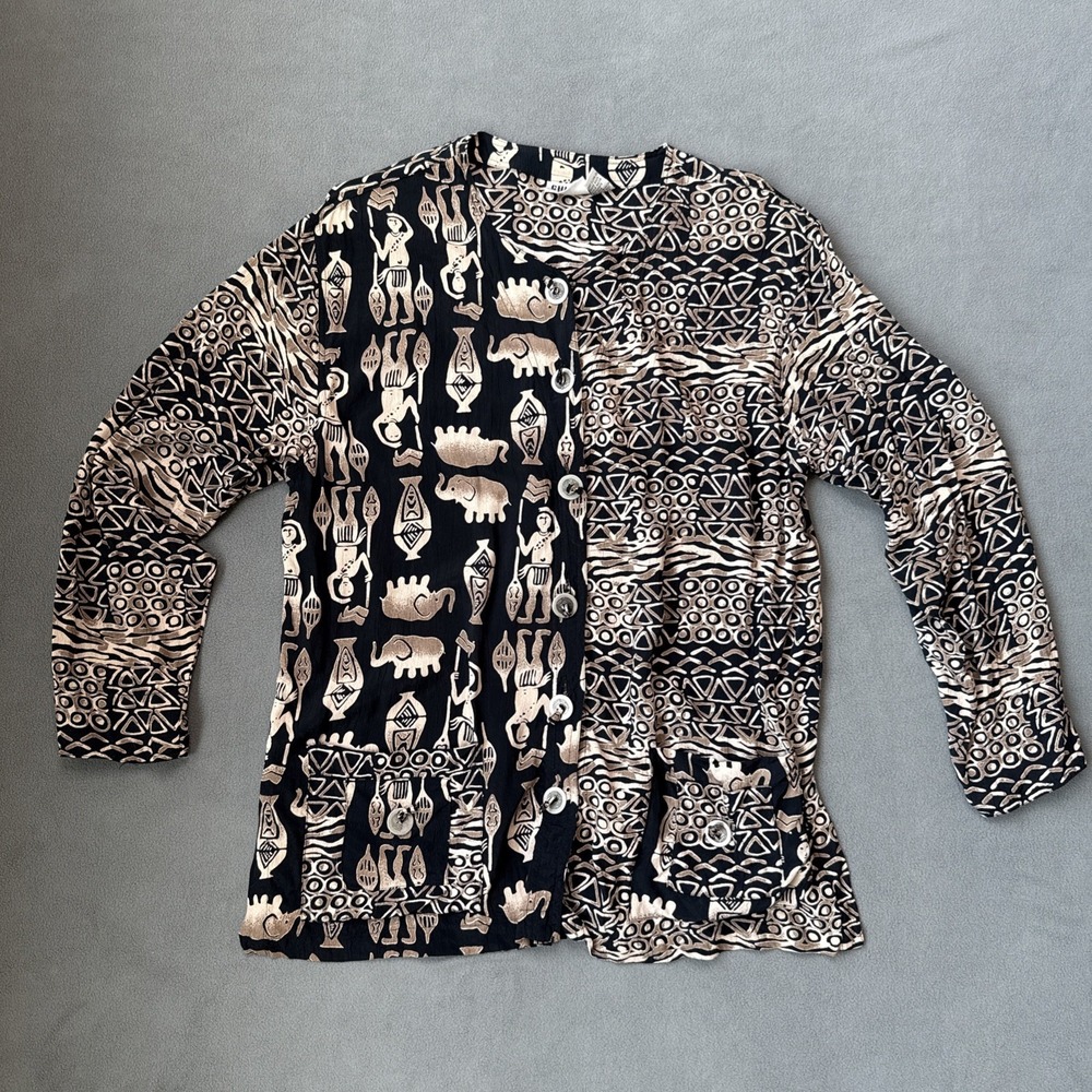 Chicos Design Top Womens 2 Black Tan‎ Elephants Tribal Geometric Cardigan Tunic